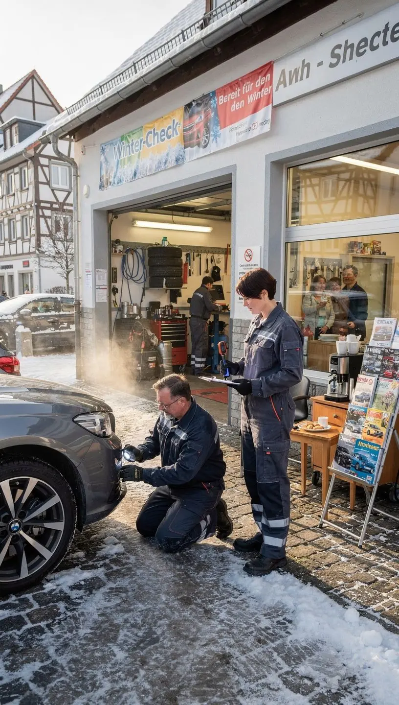 Techniker füllt Frostschutzmittel und kontrolliert Scheibenwischer im Rahmen des Winter-Check-ups für Autos.