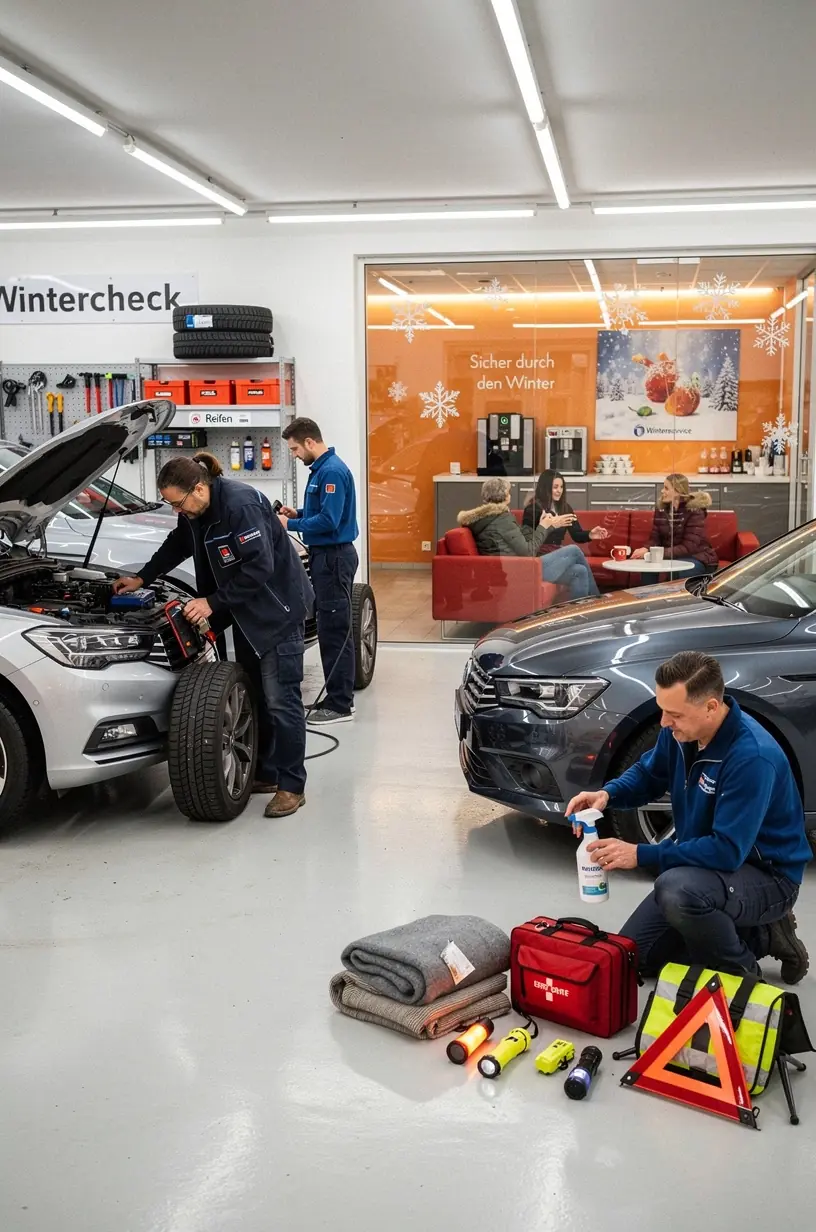 Nahaufnahme von Fahrzeugbeleuchtung und Erste-Hilfe-Kit als Teil der umfassenden Winterwartung in einer Kfz-Werkstatt.